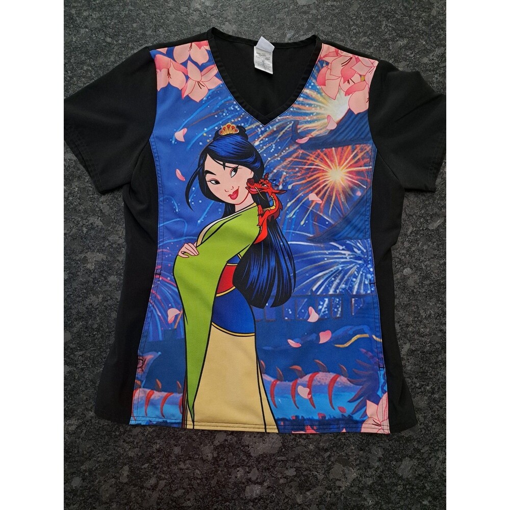 Disney Mulan & Mushu Small Women's Short Sleeve Pullover Scrub Top Shirt Stretch